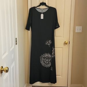 XL Black floor length dress with white dandelion accents